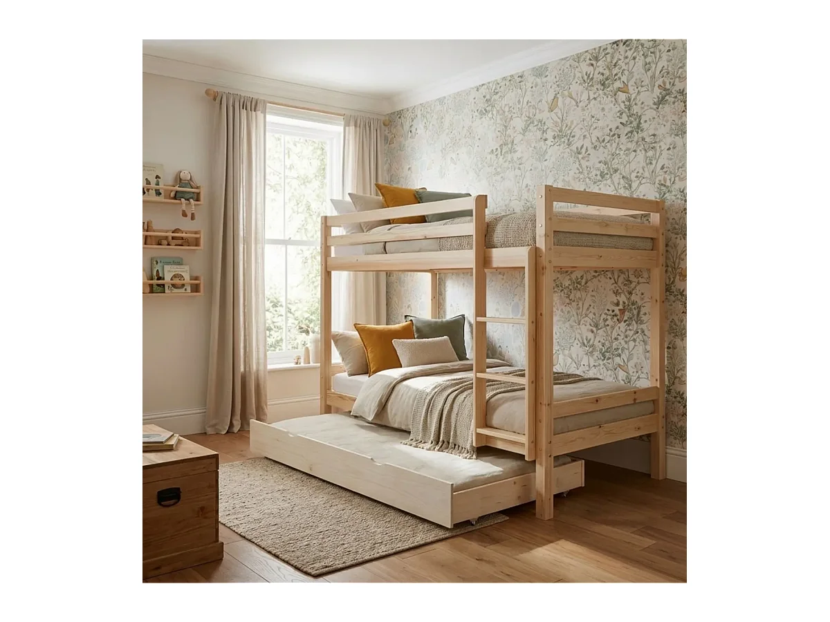Beliche + cama extraível de madeira branco lavado 90x190cm