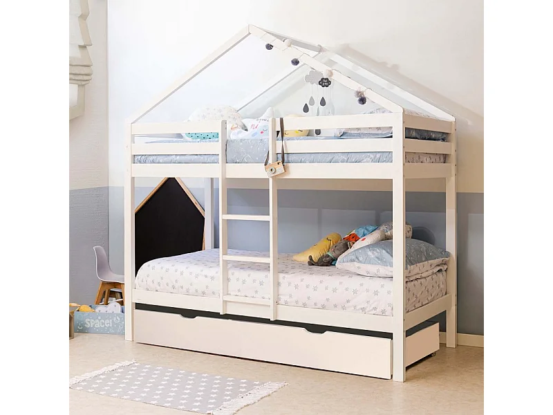 Huisvormig stapelbed + opberglade van wit hout 90x190/90x190cm