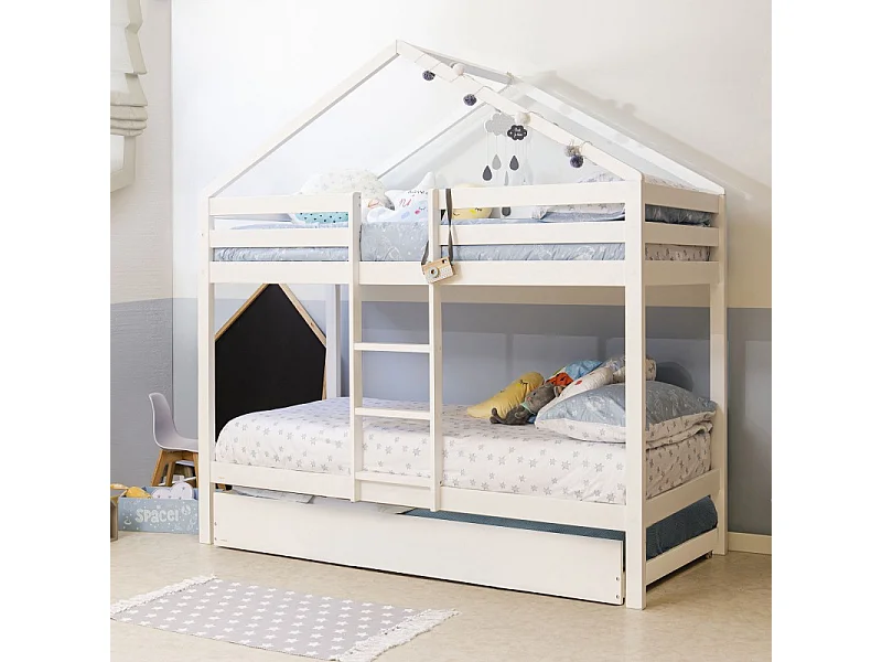 Huisvormig stapelbed + opberglade van wit hout 90x190/90x190cm