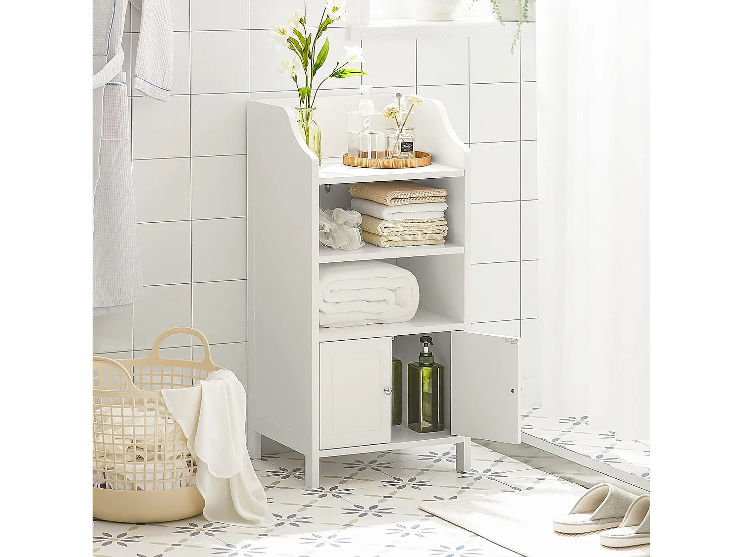 Meuble Bas De Salle De Bain Commode Armoire De Rangement Sur Pied Avec 3 Étagères 2 Portes, BZr56-w