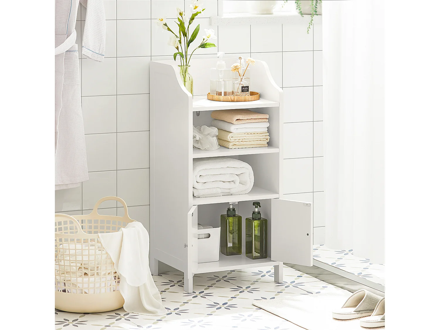Meuble Bas De Salle De Bain Commode Armoire De Rangement Sur Pied Avec 3 Étagères 2 Portes, BZr56-w