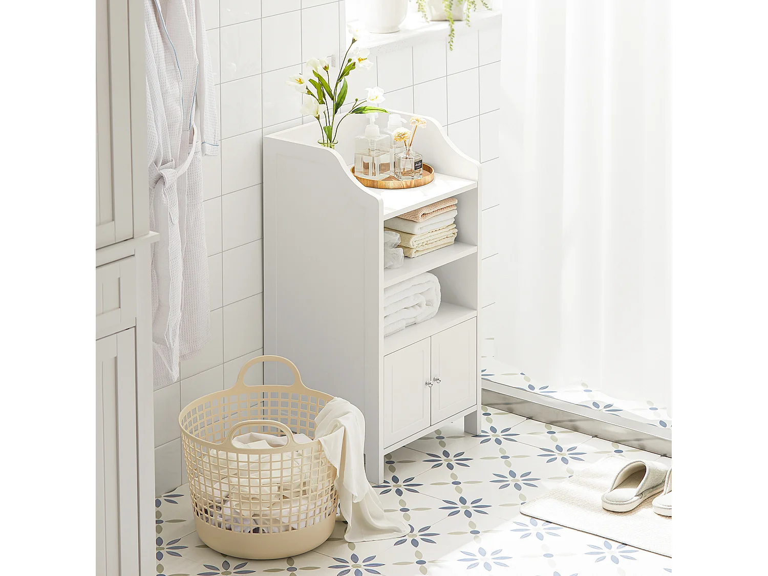 Meuble Bas De Salle De Bain Commode Armoire De Rangement Sur Pied Avec 3 Étagères 2 Portes, BZr56-w