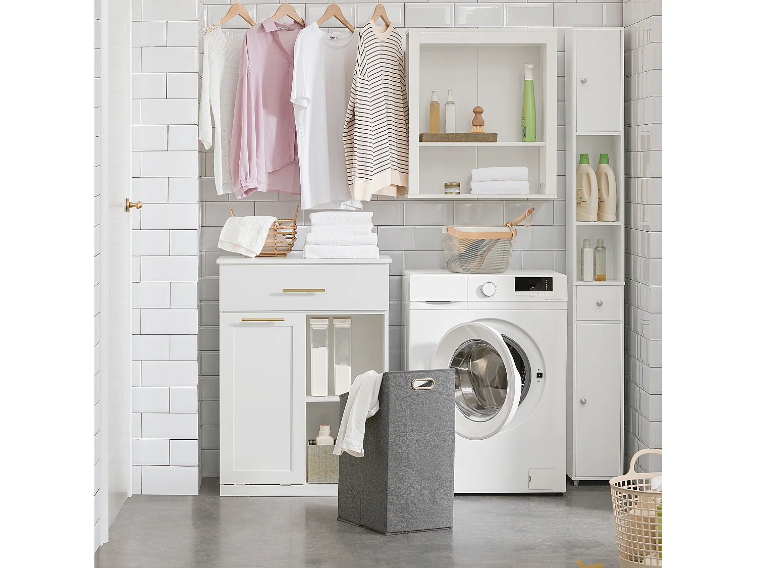 Armoire À Linge Avec Bac À Linge Pliable Meuble Bas Commode Pour Salle De Bain, BZr66-w