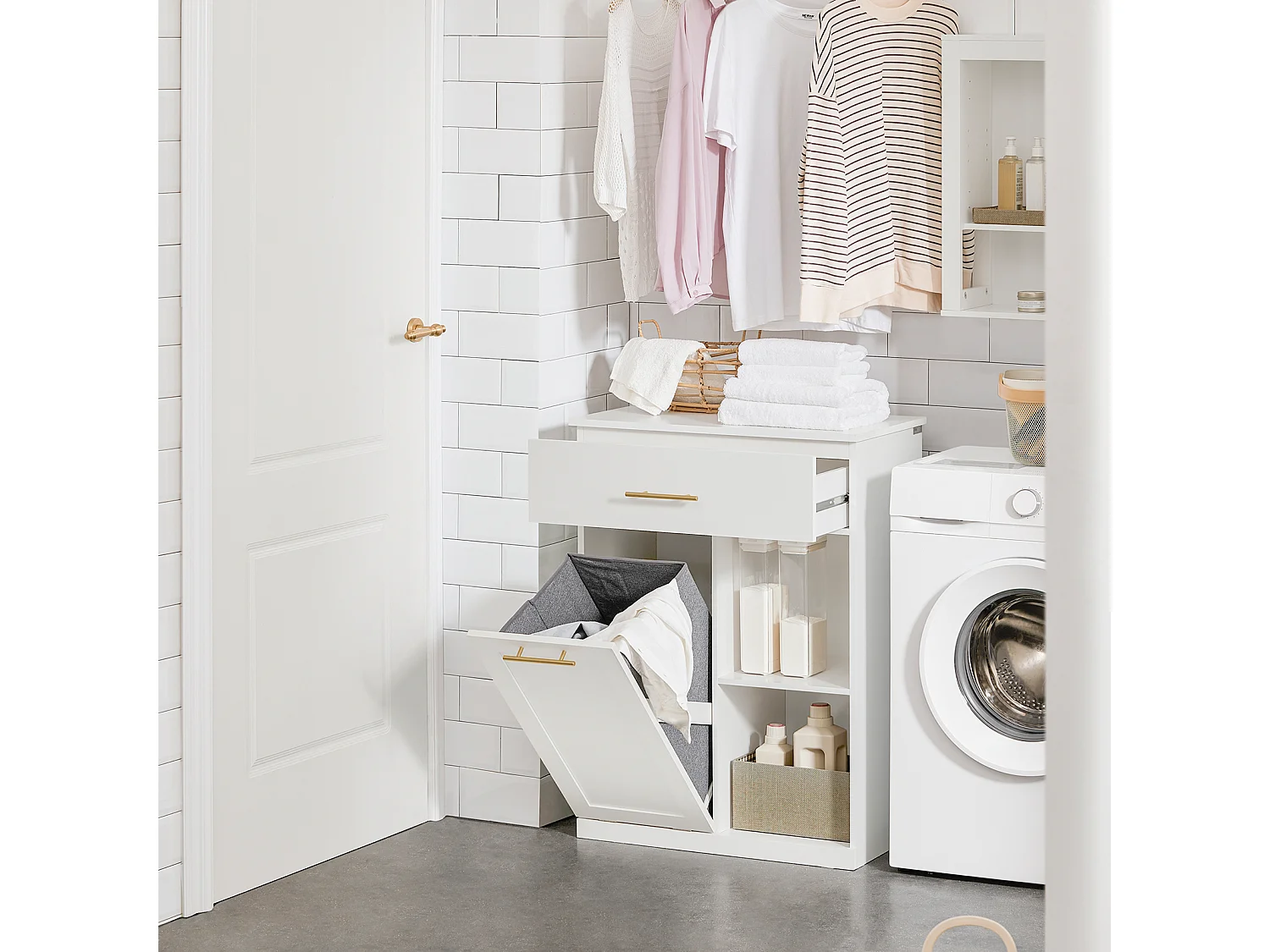 Armoire À Linge Avec Bac À Linge Pliable Meuble Bas Commode Pour Salle De Bain, BZr66-w