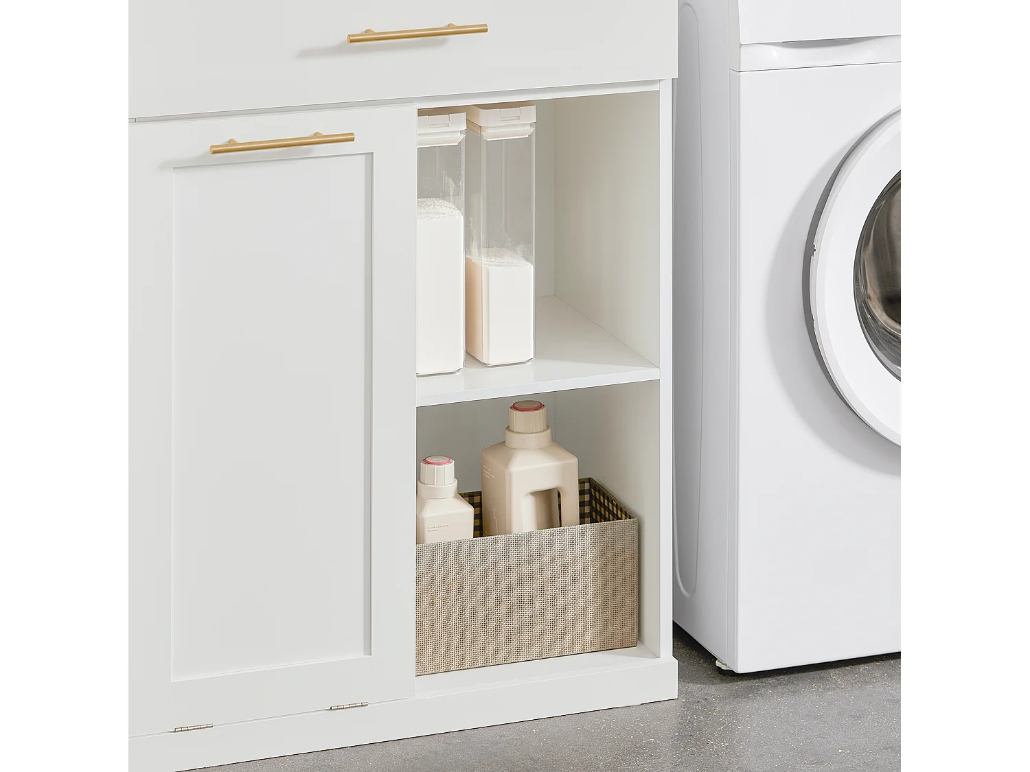 SoBuy BZR66-W Badkamerkast met Kantelbare Wasmand, Badkamermeubel met Waskast, Lage Kast, Staande Kast