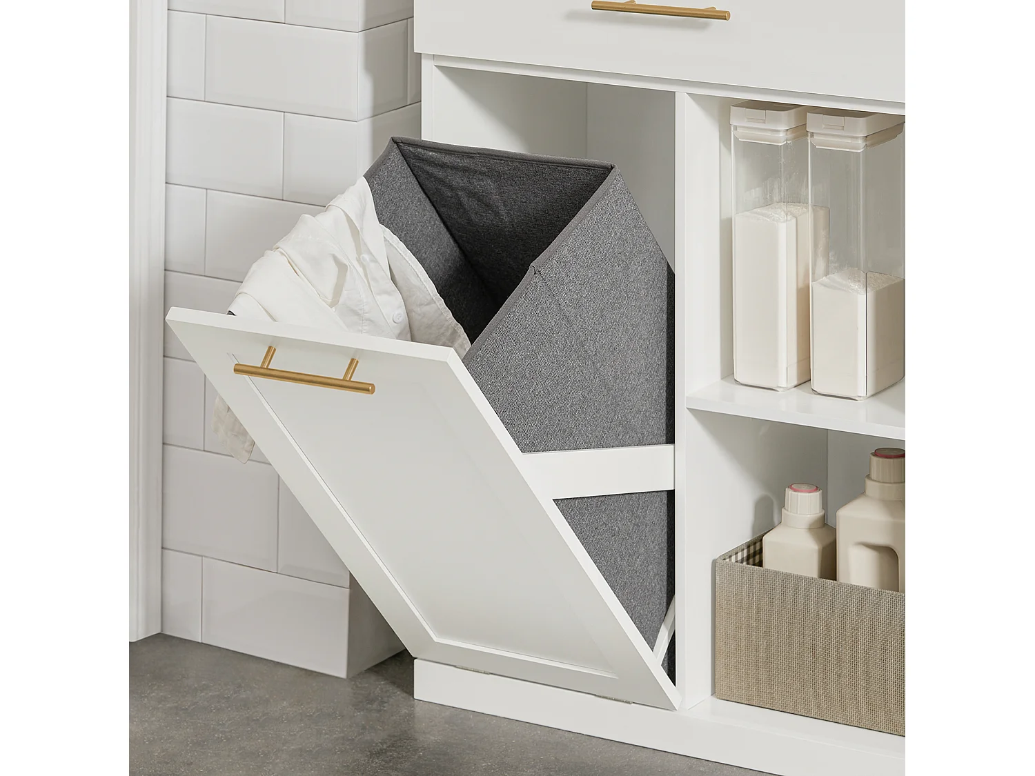 SoBuy BZR66-W Badkamerkast met Kantelbare Wasmand, Badkamermeubel met Waskast, Lage Kast, Staande Kast