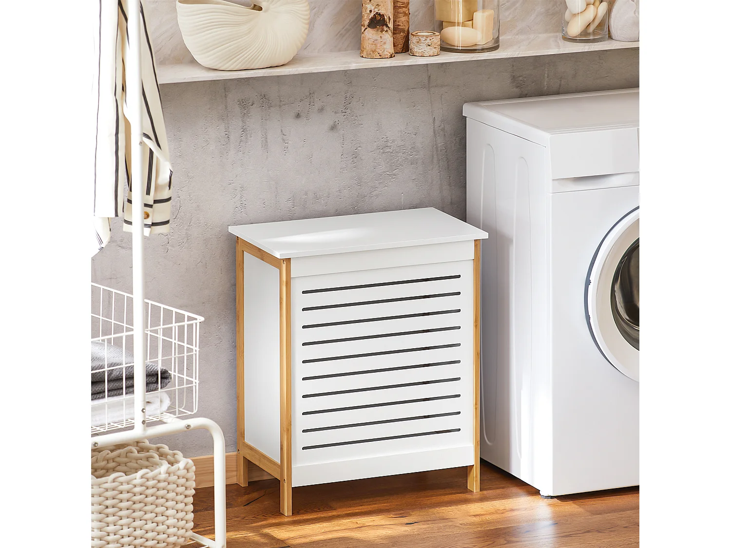 SoBuy FSS66-WN Badkamerkast Opbergkist Wasmand Wasbox Wasverzamelaar Waston met Deksel wit