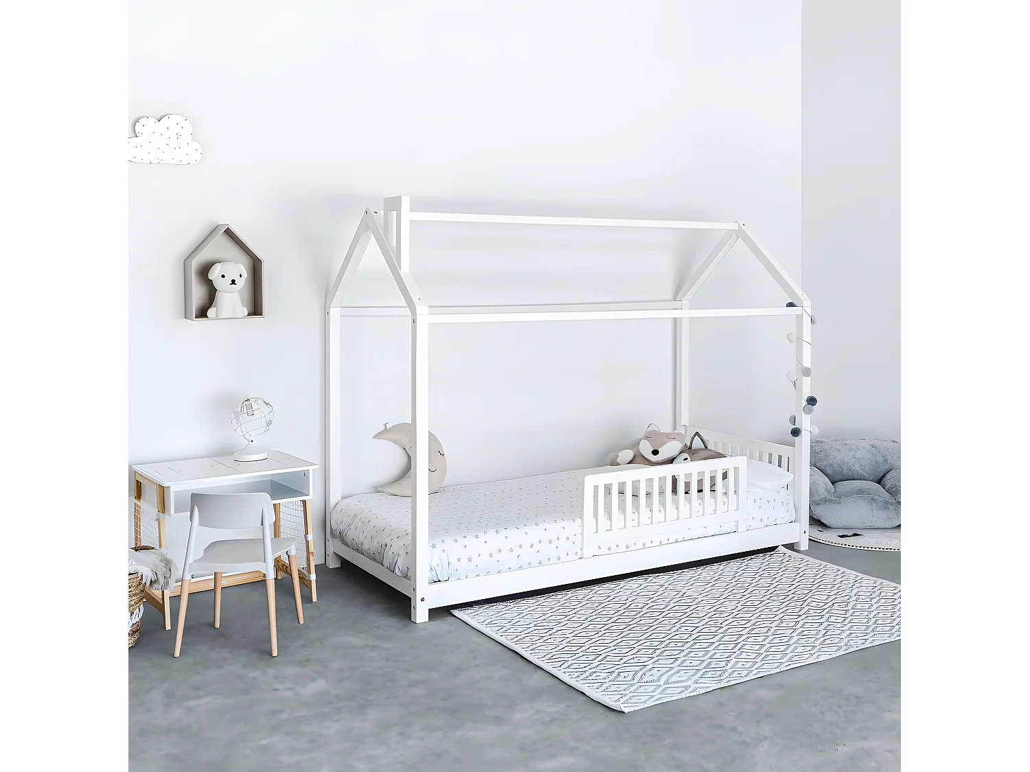 Bett für Kinder mit Kamin Holz weiß 90x190cm