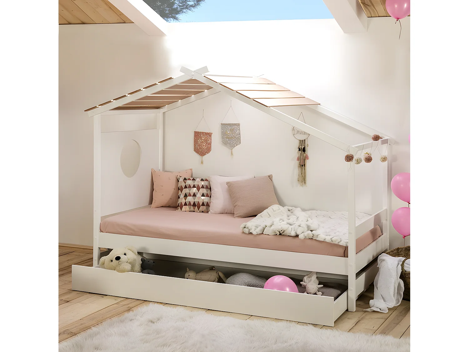 Bett Häuschen + Aufstehbett mit Beine Holz weiß 90x190cm