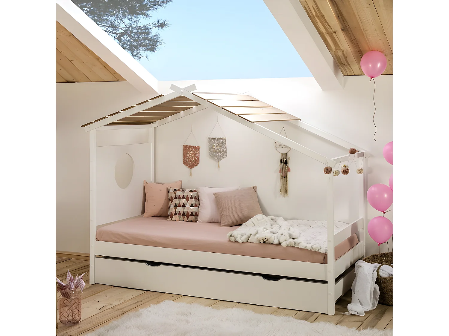 Cama cabaña + cama elevable madera blanco 90x190cm