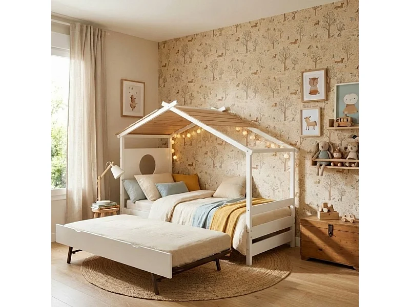 Lit cabane + lit pieds pliants bois blanc 90x190cm