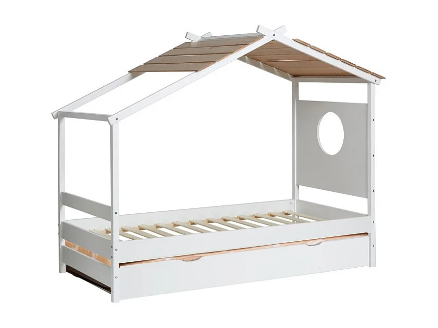 Lit cabane + lit pieds pliants bois blanc 90x190cm