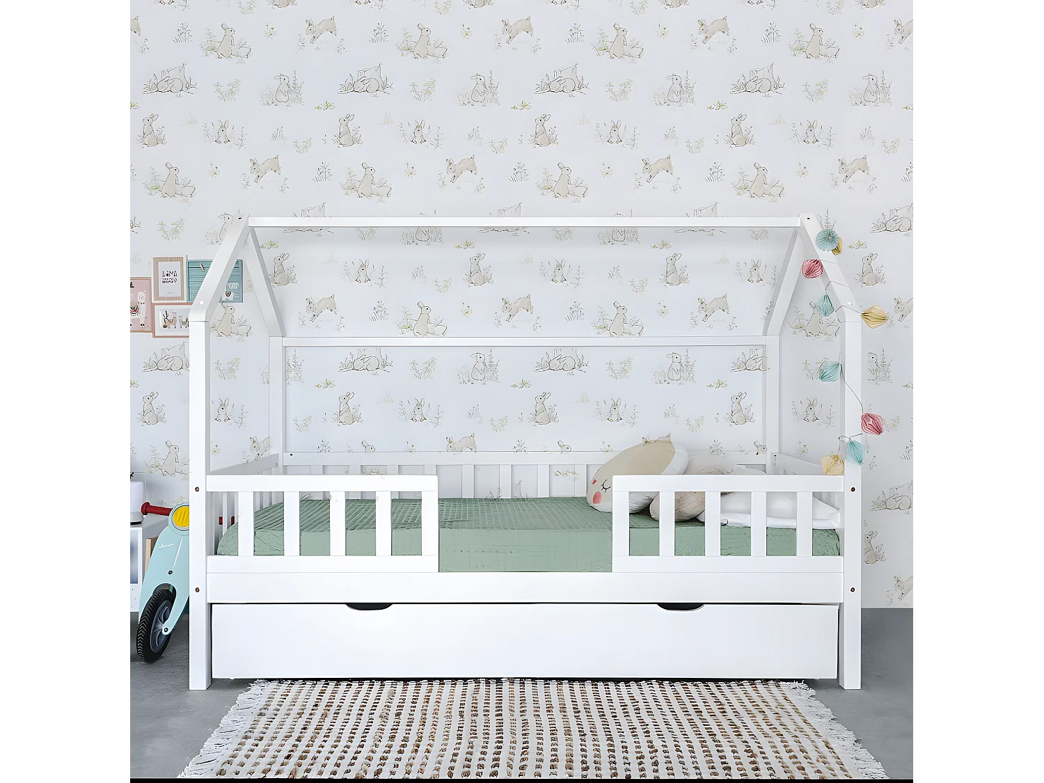 Cama casita con barandilla madera blanco 90x190cm