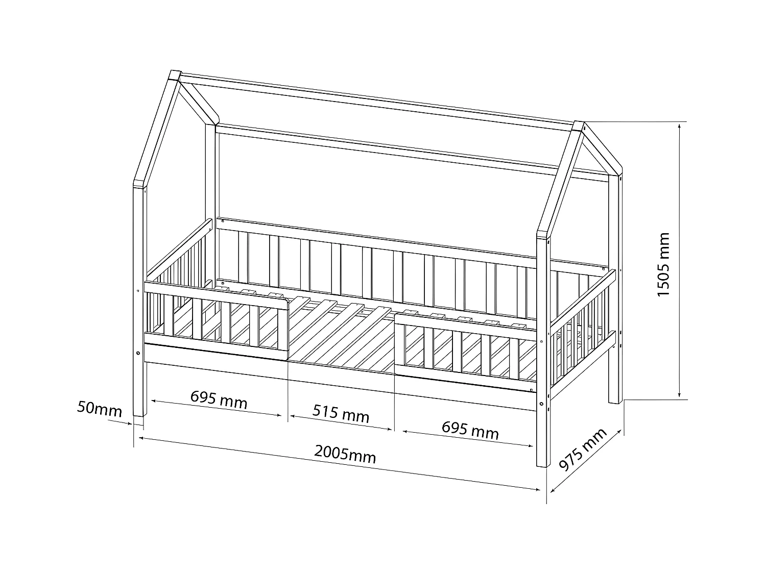 Cama casita con barandilla madera blanco 90x190cm