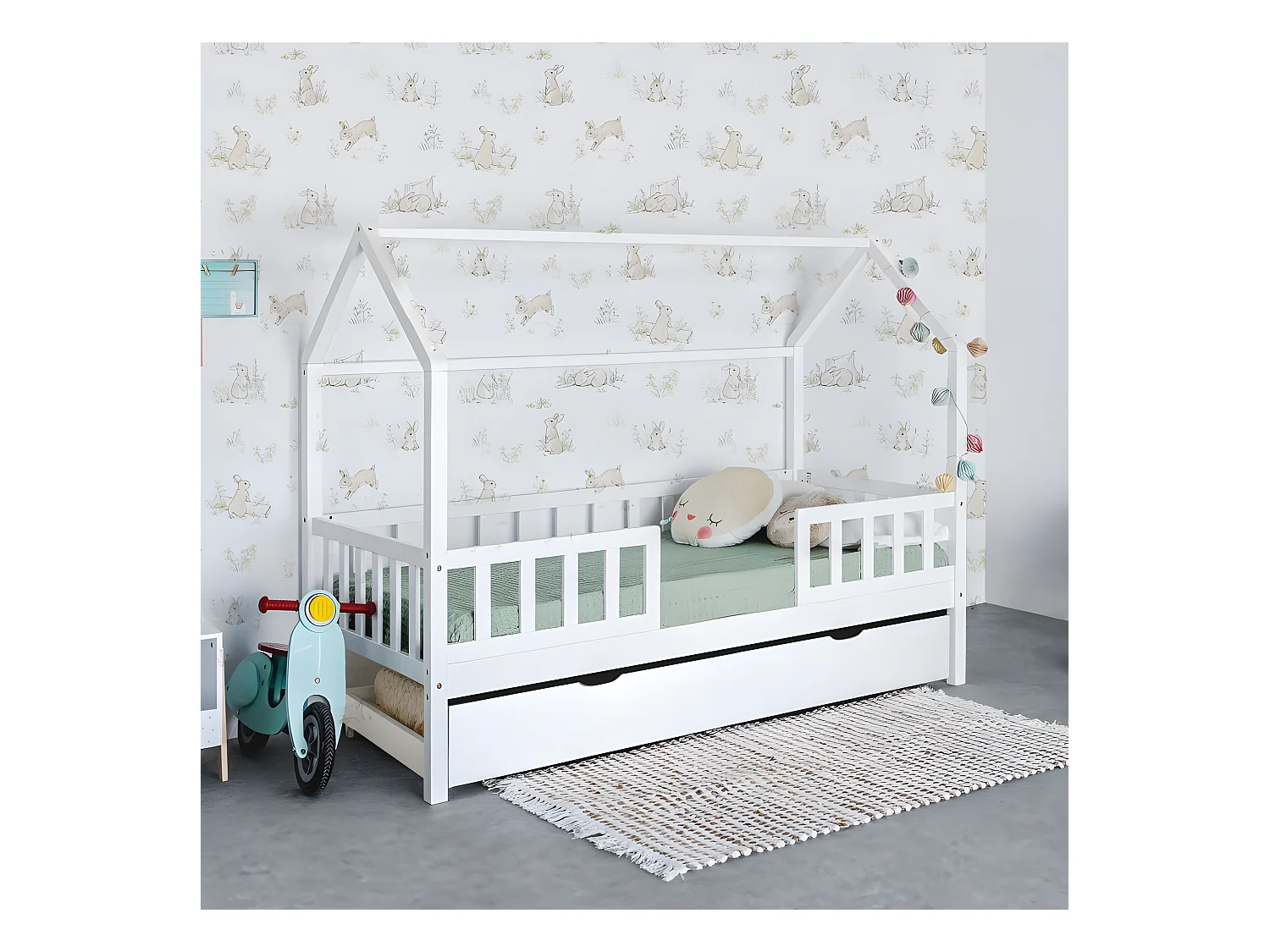 Cama casita con barandilla madera blanco 90x190cm