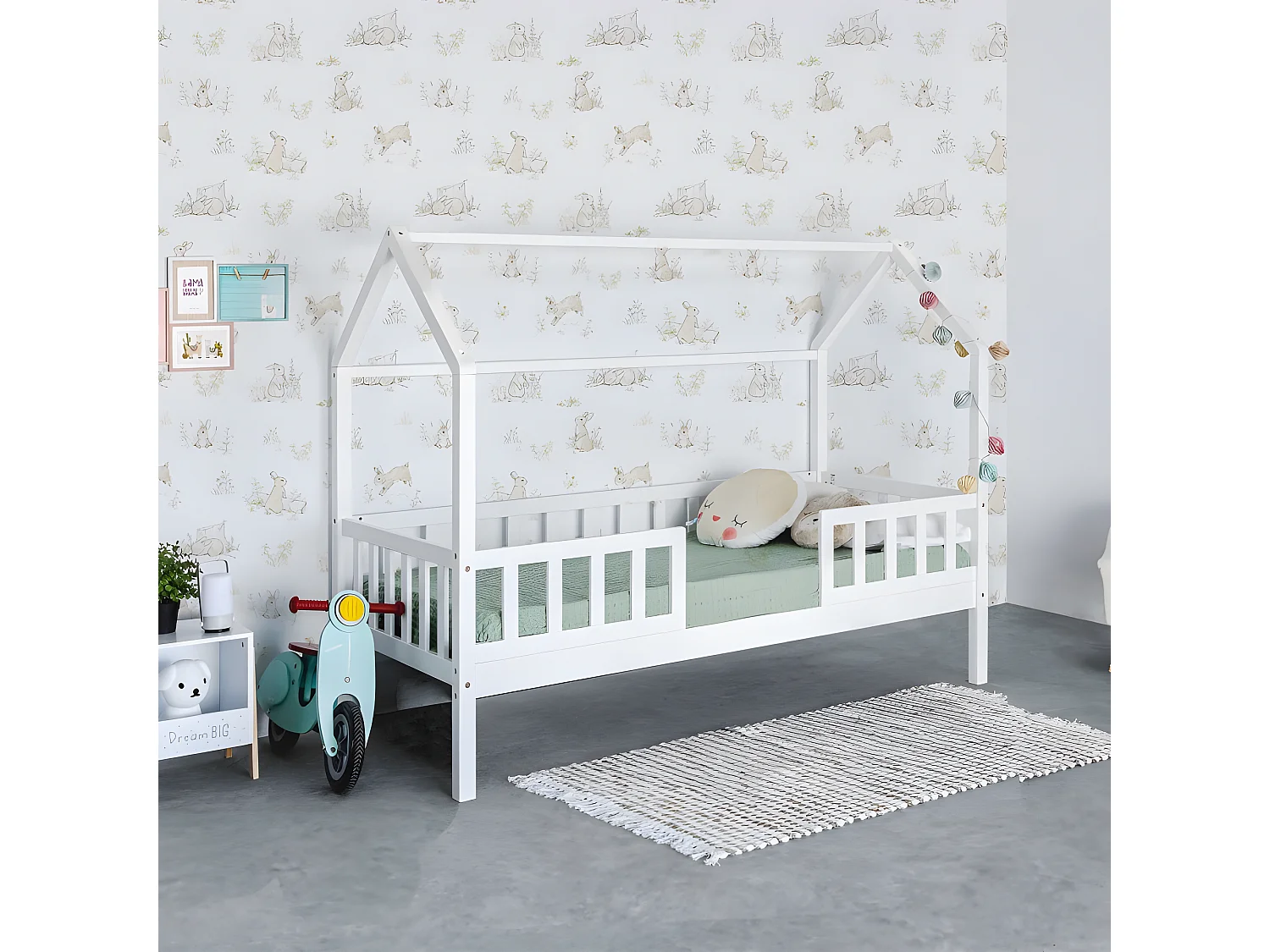 Cama casinha com grades madeira branca 90x190 cm