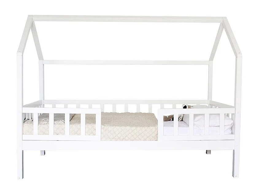 Lit petite maison avec barrièrre en bois blanc 150x200x98cm