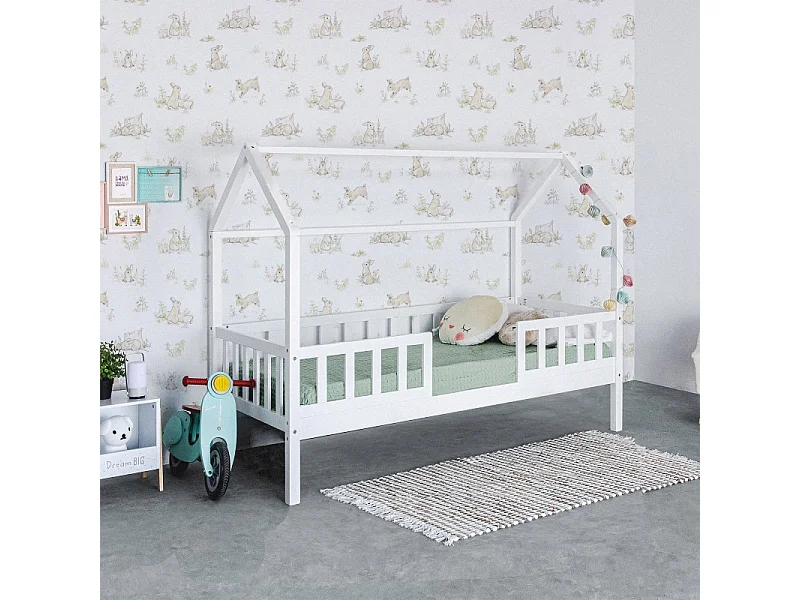 Lit petite maison avec barrièrre en bois blanc 150x200x98cm