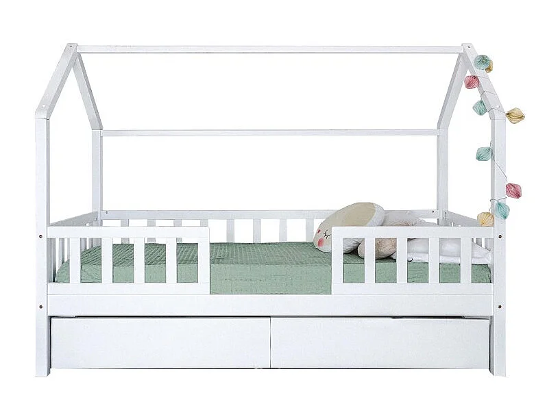 Lit petite maison avec barrièrre en bois blanc 150x200x98cm