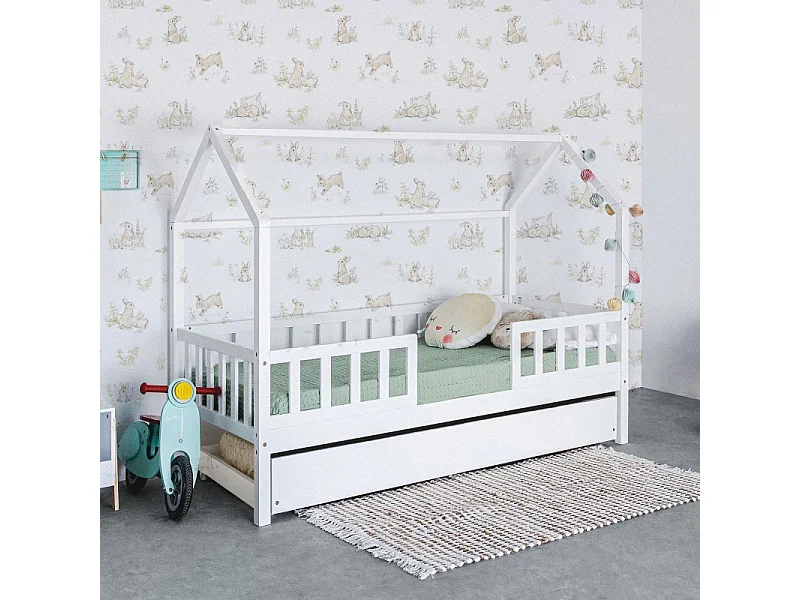 Lit petite maison avec barrièrre en bois blanc 150x200x98cm