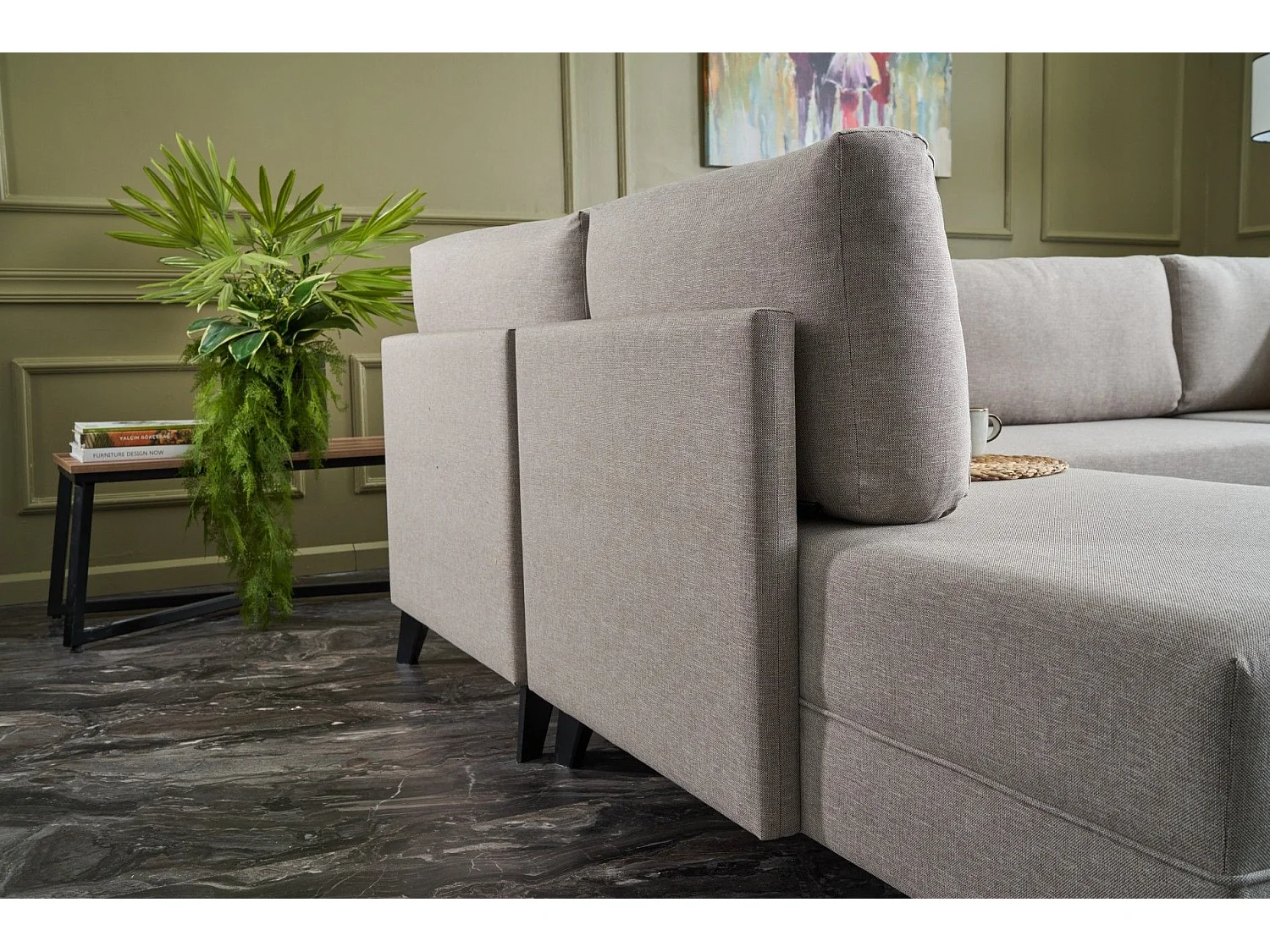 Canapé panoramique d'angle à gauche modulable Lardie Tissu Blanc crème