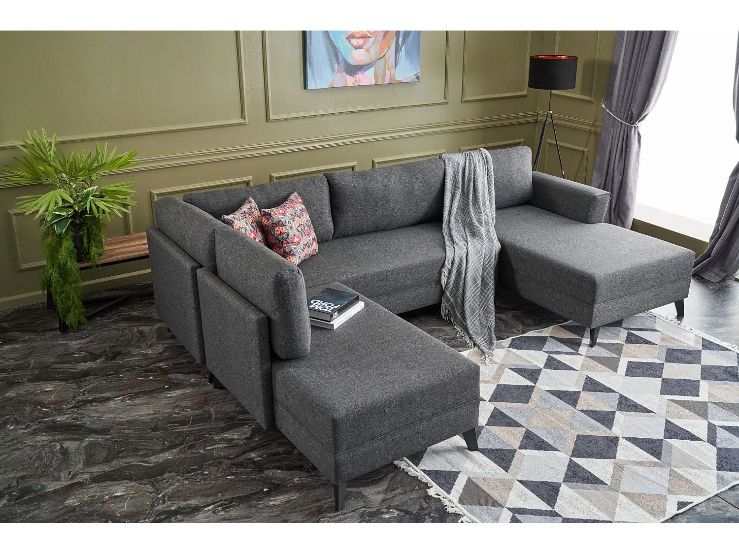 Canapé panoramique d'angle à gauche modulable Lardie Tissu Anthracite