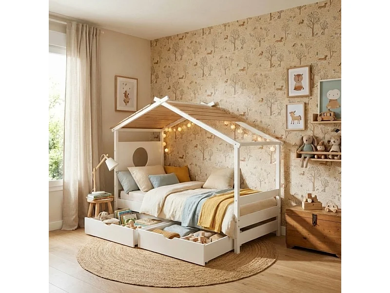 Lit cabane + 2 tiroirs bois blanc 90x190cm
