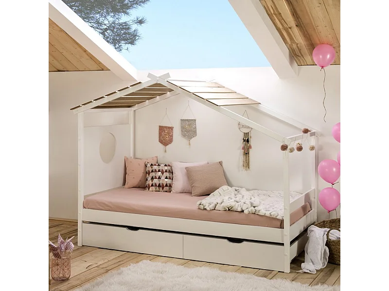 Bett Häuschen + 2 Schubladen Holz weiß 90x190cm