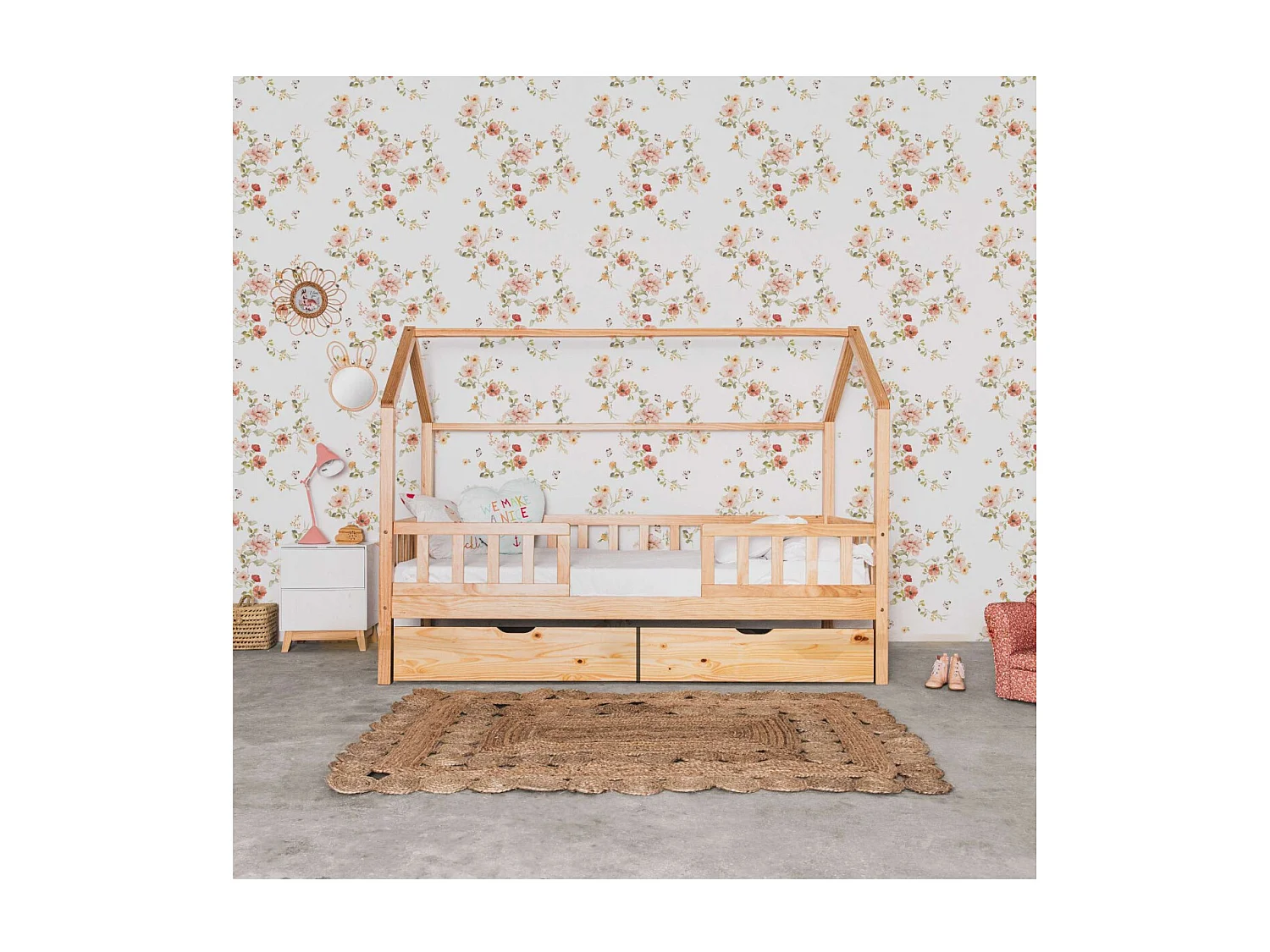 Bett mit Geländer  + 2 Schubladen Holz Kieferfarbe 90x190cm