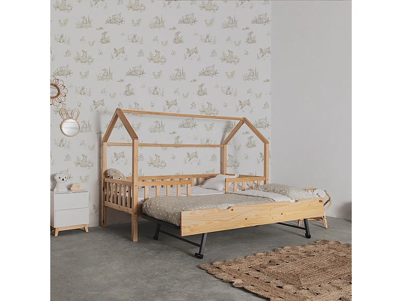 Bett mit Geländer  + 2 Schubladen Holz Kieferfarbe 90x190cm