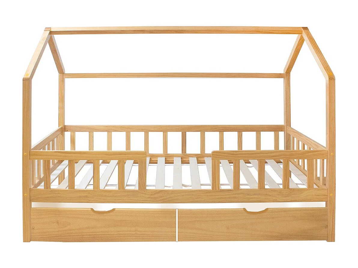 Cama casita con barandilla + 2 cajones madera pino 90x190cm