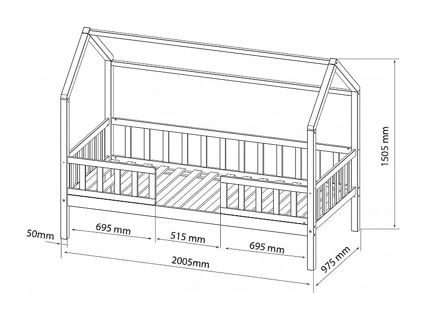 Cama casita con barandilla + 2 cajones madera pino 90x190cm