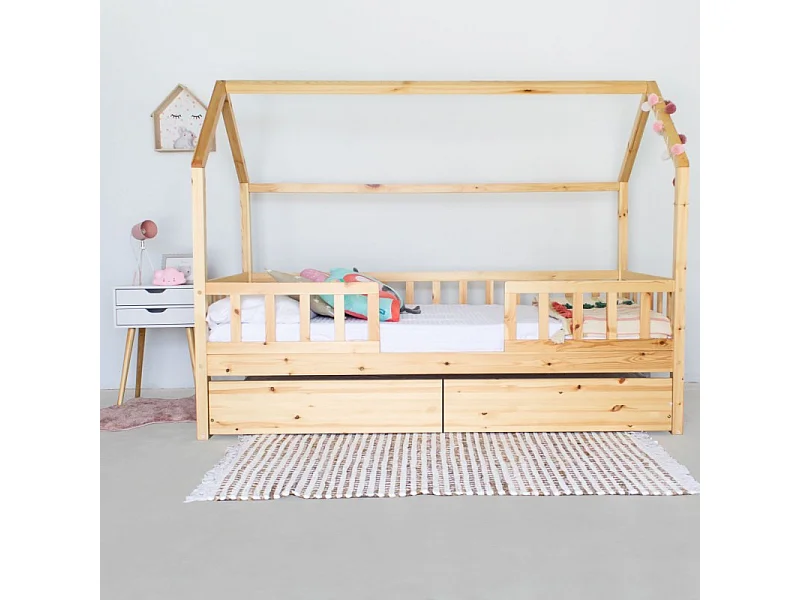 Huisbed met bedhekje + 2 lades van grenenhout 90x190cm