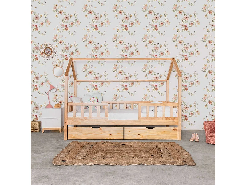 Huisbed met bedhekje + 2 lades van grenenhout 90x190cm