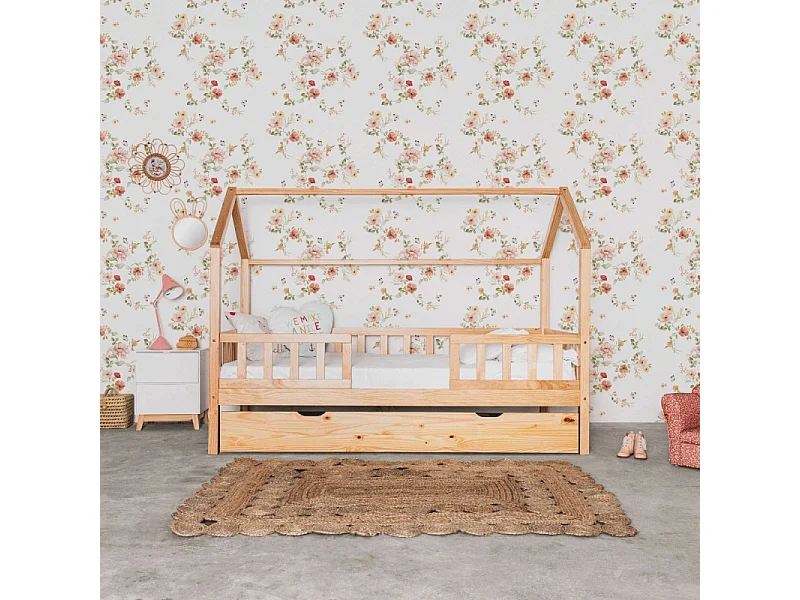Letto casetta con Ringhiera + 2 cassetti legno pino 90x190cm