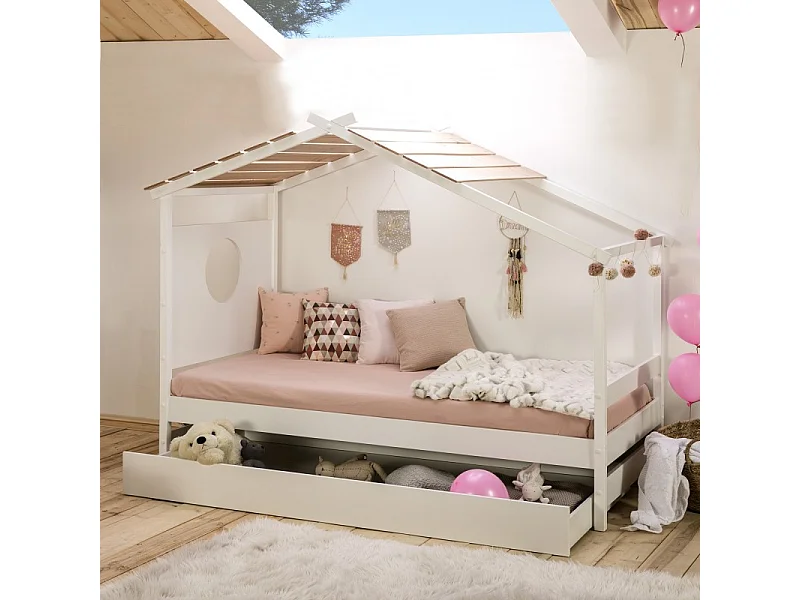 Cama cabana + cama extraível em madeira branca 90x190cm