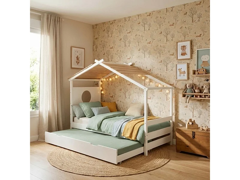 Lit cabane + lit tiroir bois blanc 90x190cm