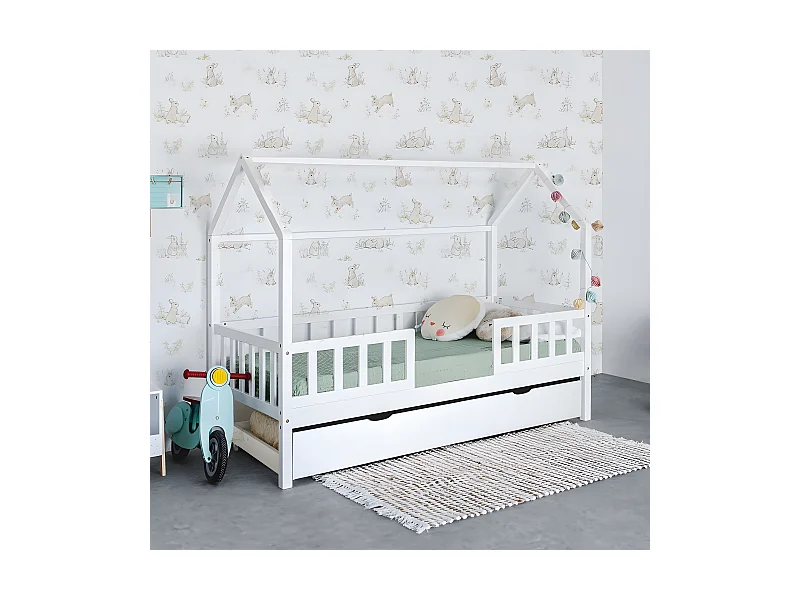 Cama casita con barandilla + 2 cajones madera blanco 90x190cm