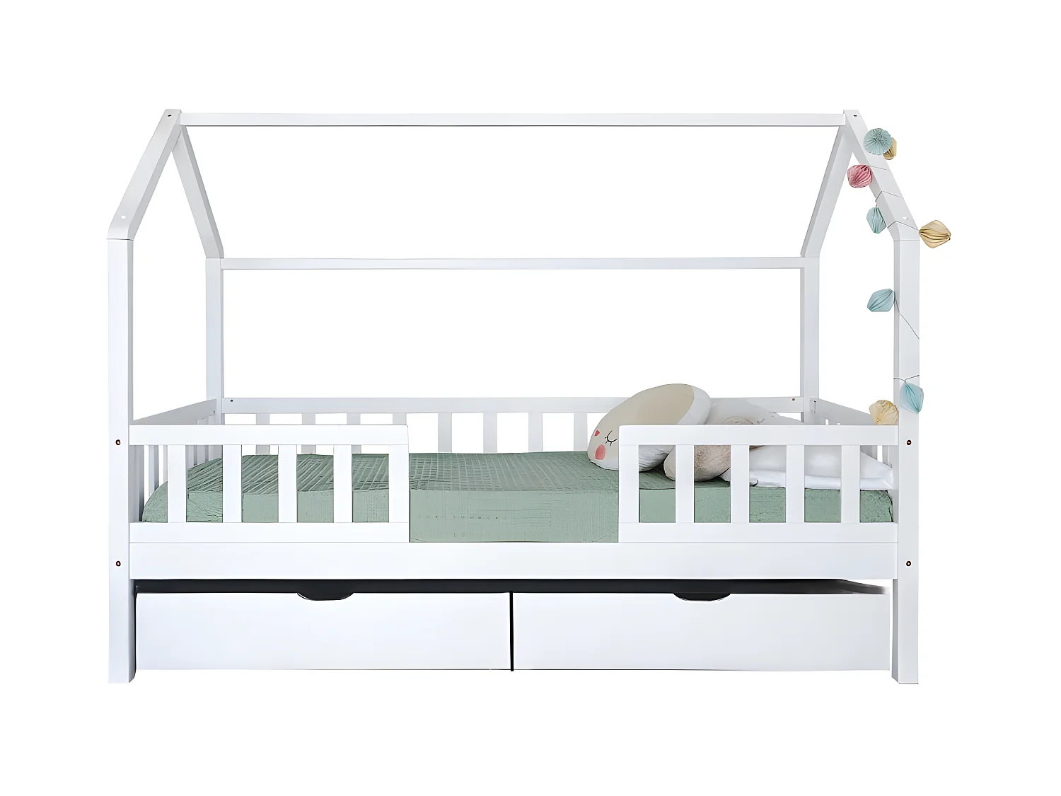 Cama casita con barandilla + 2 cajones madera blanco 90x190cm