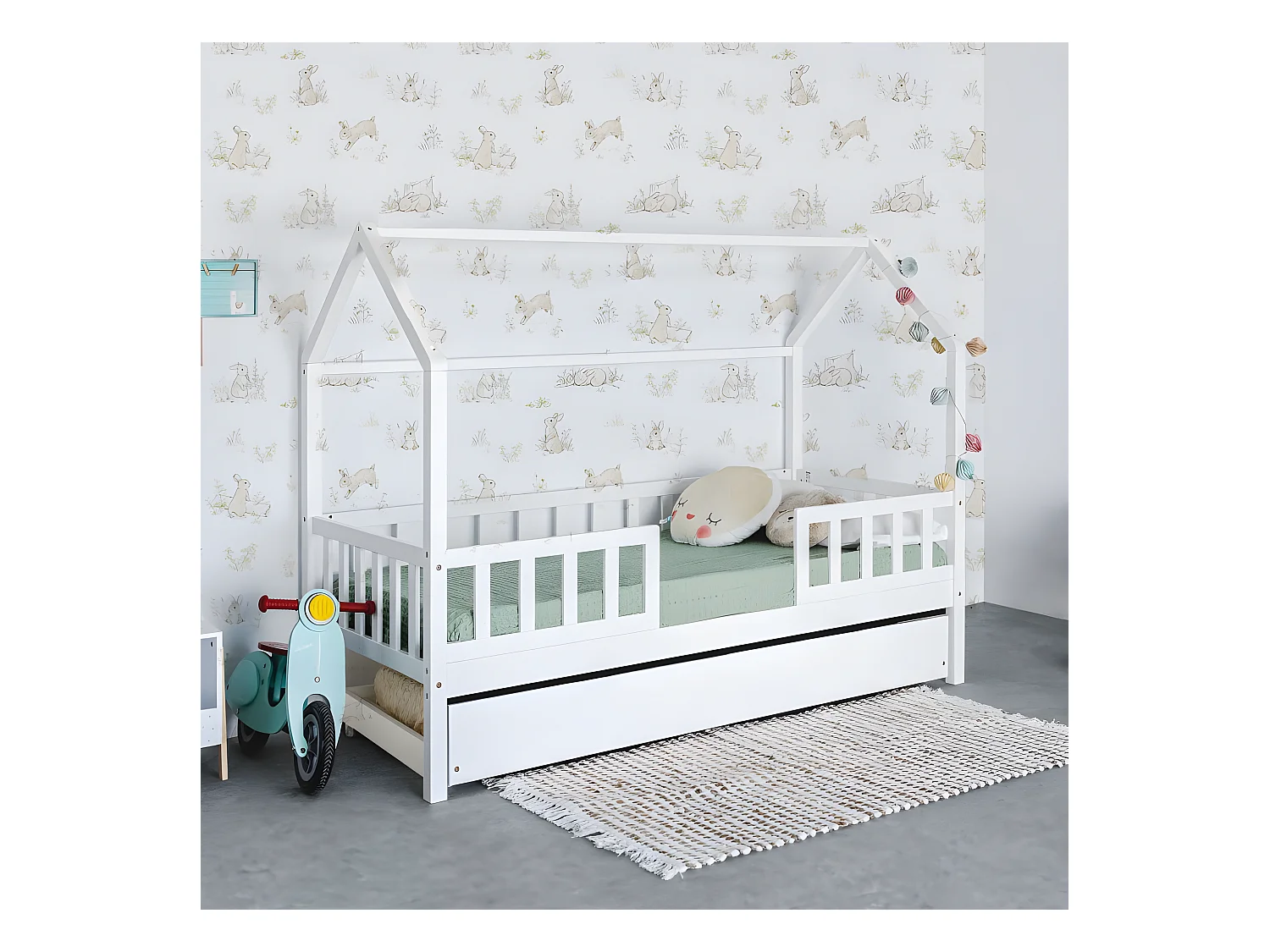 Cama casita con barandilla + 2 cajones madera blanco 90x190cm