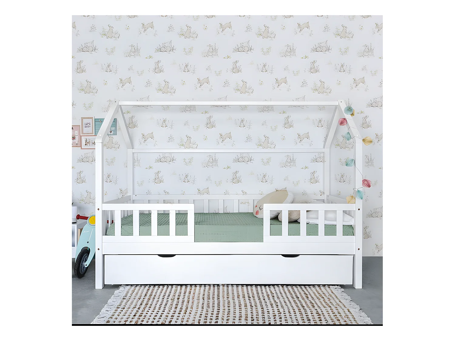 Cama casita con barandilla + 2 cajones madera blanco 90x190cm