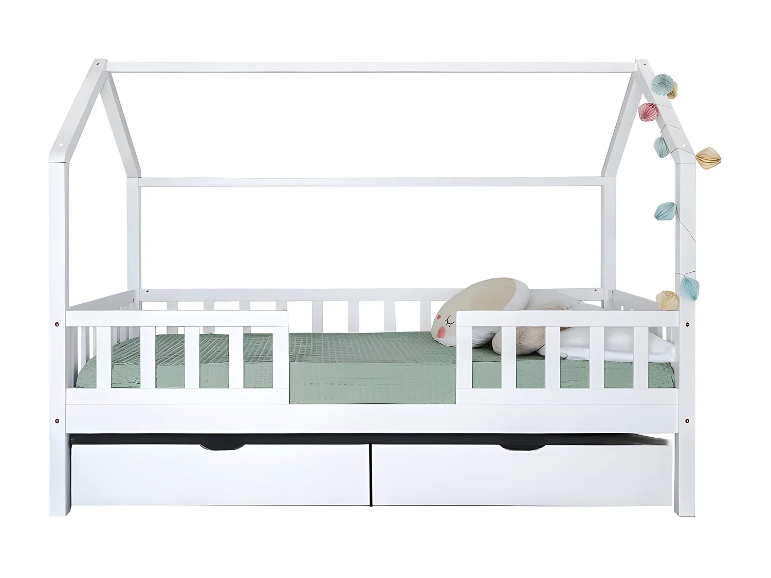 Lit cabane avec barrièrre + 2 tiroirs bois blanc 90x190cm