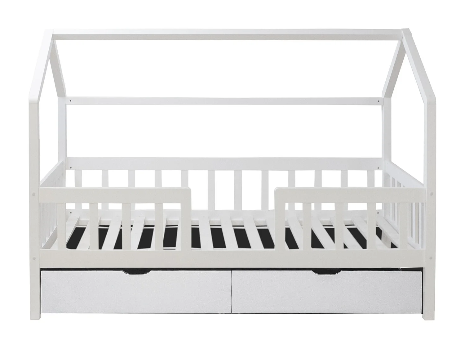 Cama casita con barandilla + 2 cajones madera blanco 90x190cm