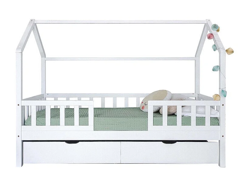 Cama casita con barandilla + 2 cajones madera blanco 90x190cm