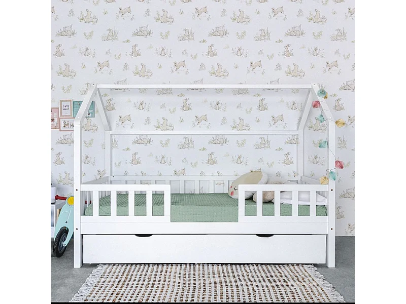 Cama casita con barandilla + 2 cajones madera blanco 90x190cm