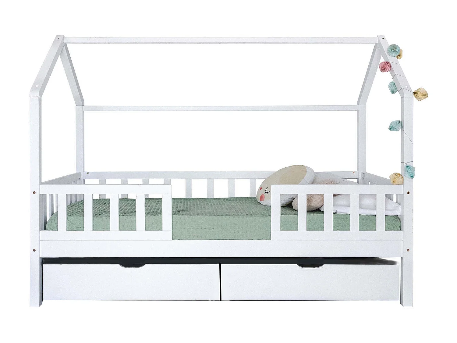 Lit cabane avec barrièrre + 2 tiroirs bois blanc 90x190cm