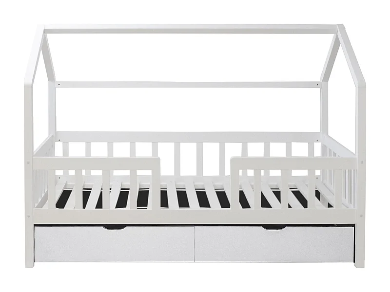 Bett Häuschen mit Geländer + 2 Schubladen Holz weiß 90x190cm