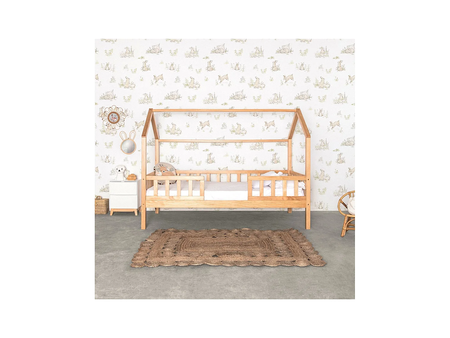 Cama casita con barandilla madera pino 90x190cm