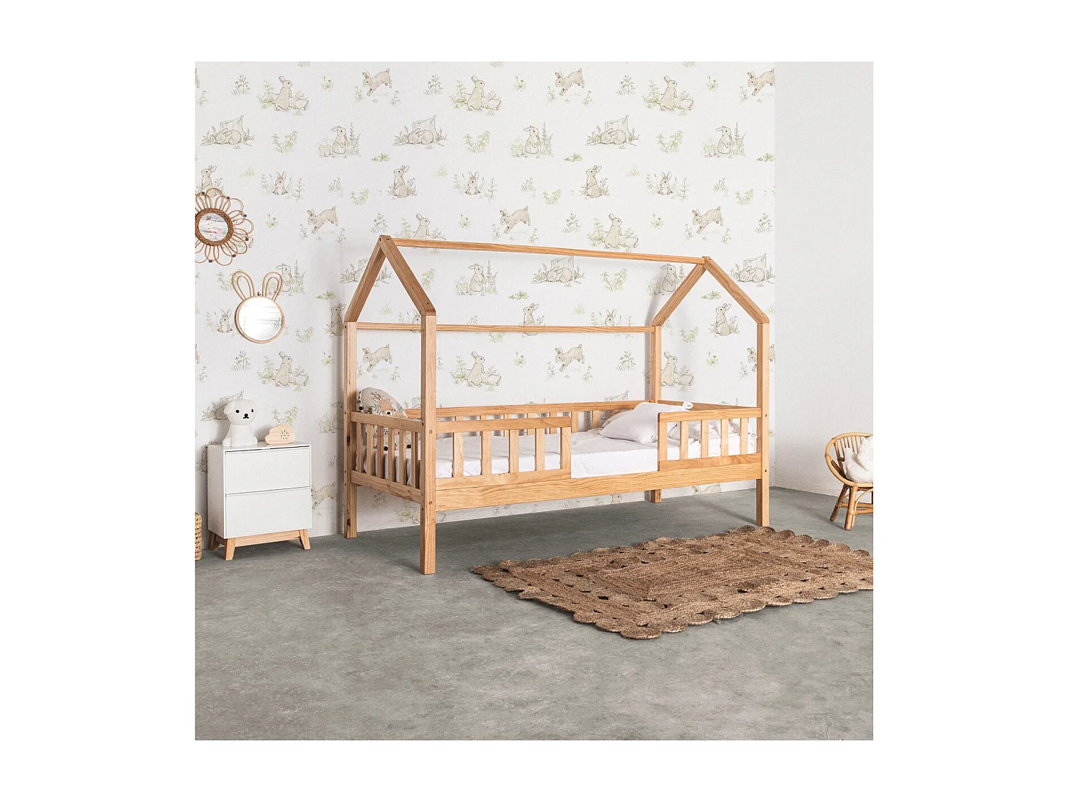 Cama casita con barandilla madera pino 90x190cm