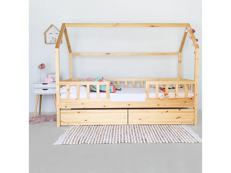 Cama casita con barandilla madera pino 90x190cm